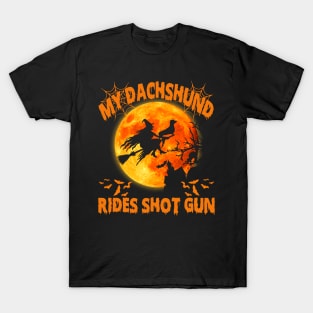 funny dachshund halloween riding a shot gun T-Shirt